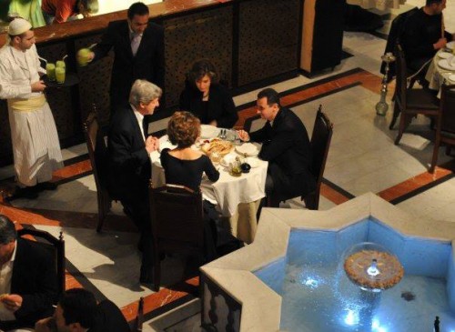 "Kerry praised Assad later in 2011 as being a "very generous" man." Image: Senator John Kerry, his wife, Syrian President Bahar al-Assad and his wife, in Damascus 2011.